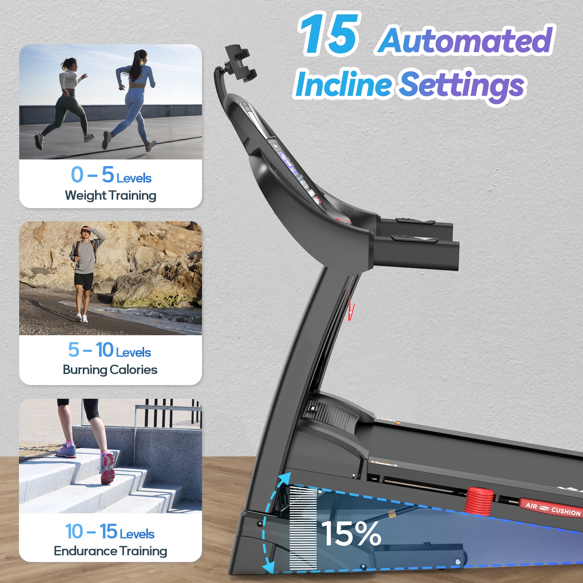 300lb Capacity Treadmill, 5HP Folding Treadmill w/ 15% Auto Incline, 10MPH Fast Speed, 64+3+3+1 Preset Programs, Portable Walking Jogging Machine