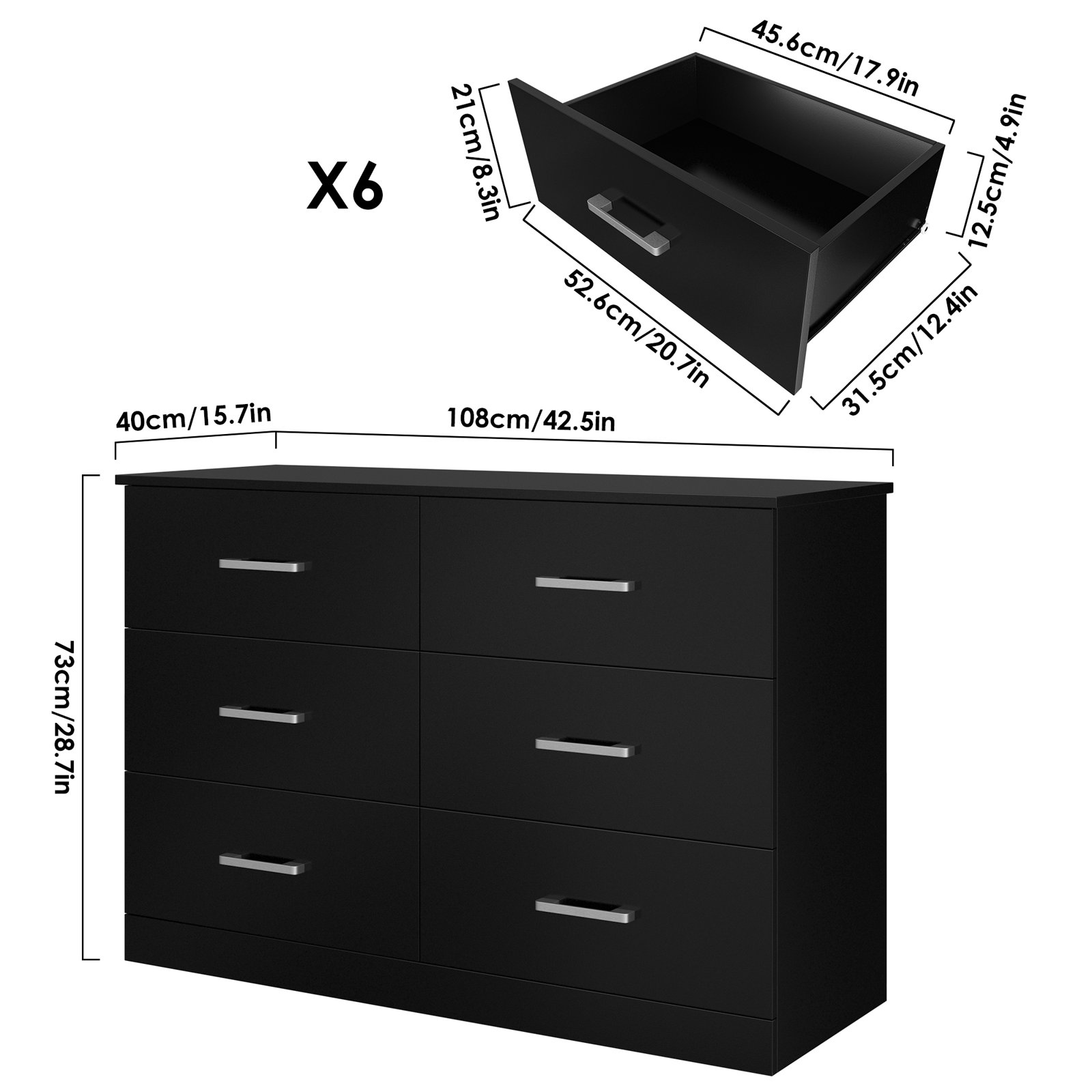 Homfa 6 Drawer White Double Dresser, Modern Wood Chest of Drawers with Metal Handles for Bedroom