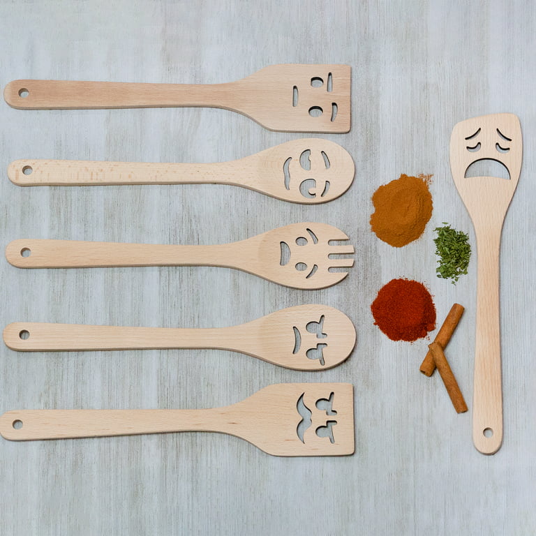 Darware Funny Face Wooden Spoons (Set of 6); Smiley Face Emotional and  Silly Kitchen Cooking Utensil Set