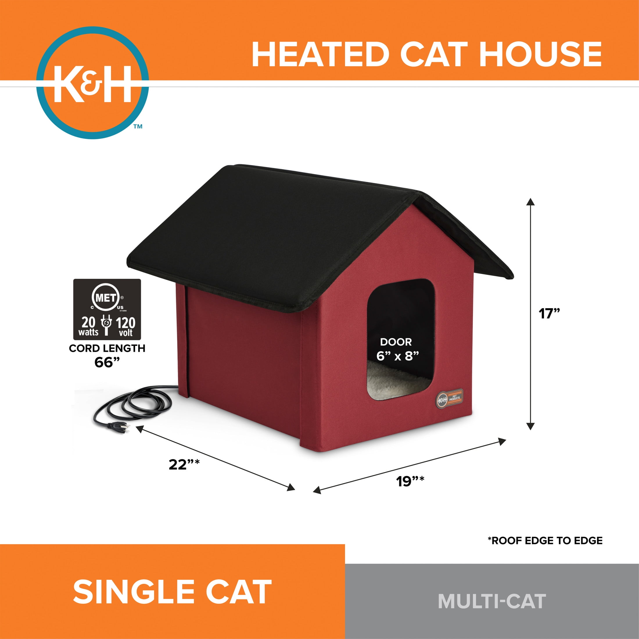 K&H Pet Products Outdoor Heated Cat House for Outdoors Cat Shelter Red/Black 22 X 19 X 17 Inches