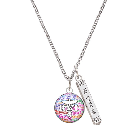 Delight Jewelry Silvertone Domed Multi Color RVT Silvertone Be Strong and Courageous Bar Charm Necklace, 23"