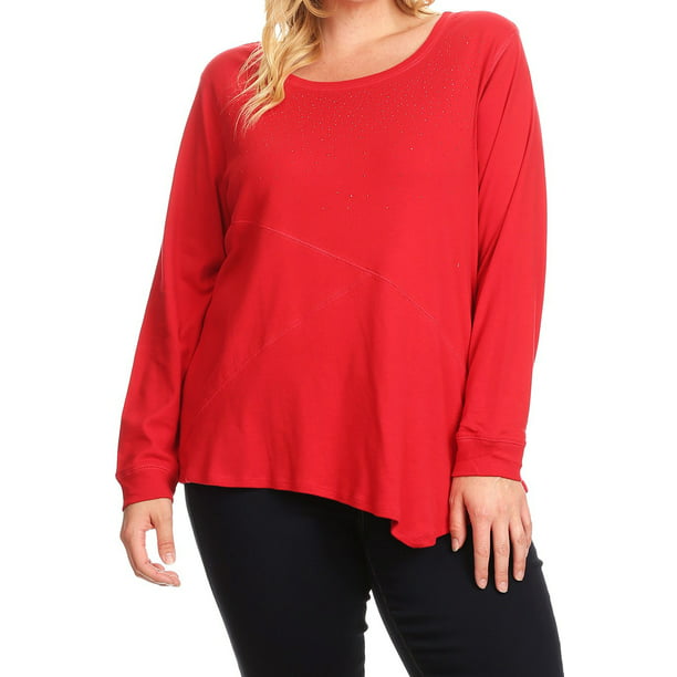 BNY Corner - Women Plus Size Long Sleeve Rhinestones T Shirt Blouse Top ...
