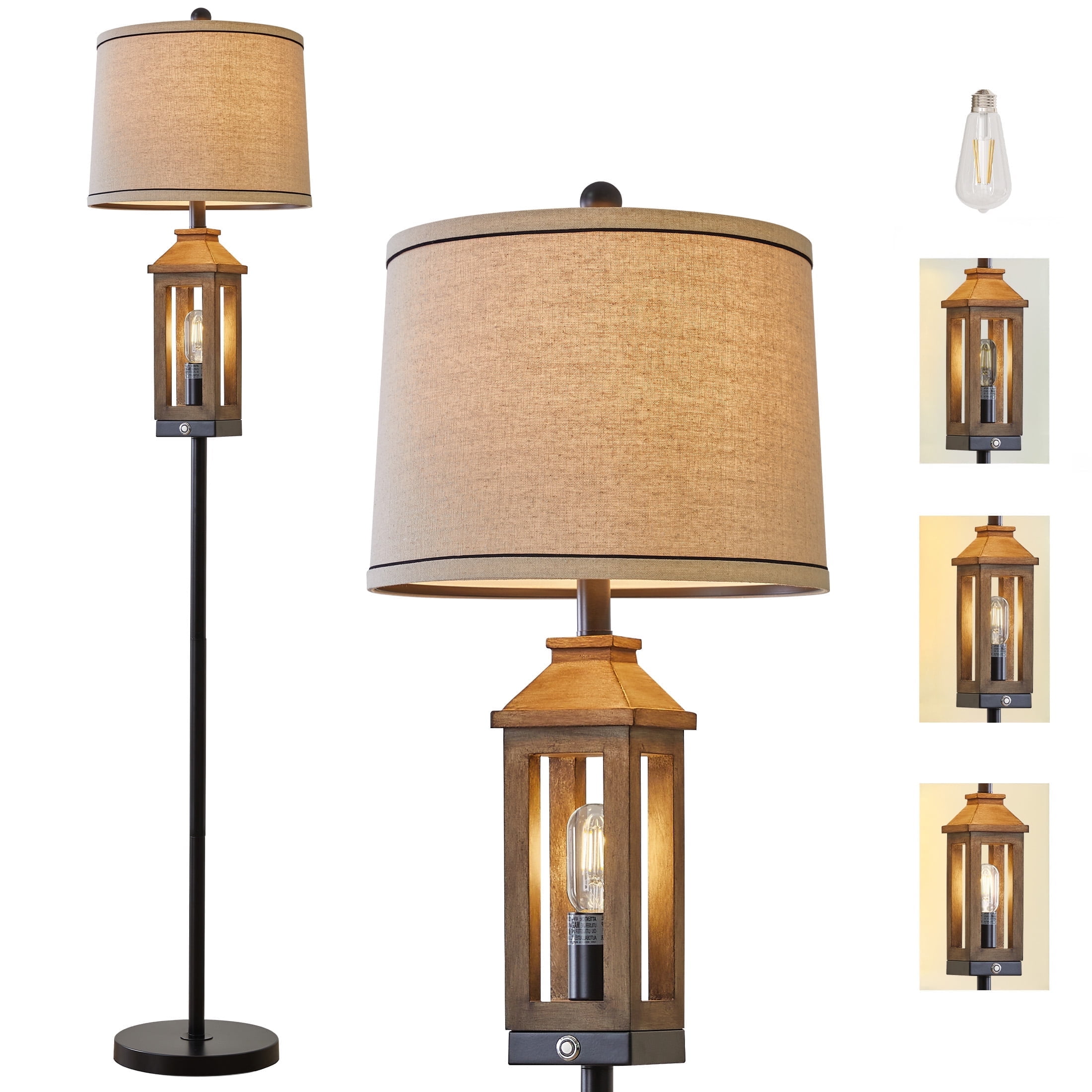 Oneach 63" 3 Way Dimmable Farmhouse Floor Lamp with 2 Light Sources ,Brown Metal Tall Standing Lamp for Bedroom, Living Room, Home