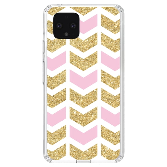DistinctInk Clear Shockproof Hybrid Case for Google Pixel 4 XL (6.3" Screen) - TPU Bumper, Acrylic Back, Tempered Glass Screen Protector - Pink & Gold Print - Random Chevron Pattern