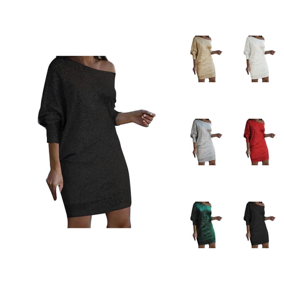 Cocktail Dresses for Women Sparkly Sequin Long Sleeve Off Shoulder Bodycon Mini Dress Night Club Dress