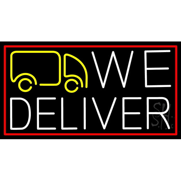 We Deliver Van With Red Border LED Neon Sign 13 x 24 - inches, Clear Edge Cut Acrylic Backing, with Dimmer - Bright and Premium built indoor LED Neon Sign for restaurant window and interior decor.