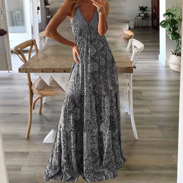 Fankiway Mode Femmes Été Décontracté Imprimé Col en V Camisole Sans Manches Robe Longue Robes de Plage Grande Taille Robes Femmes