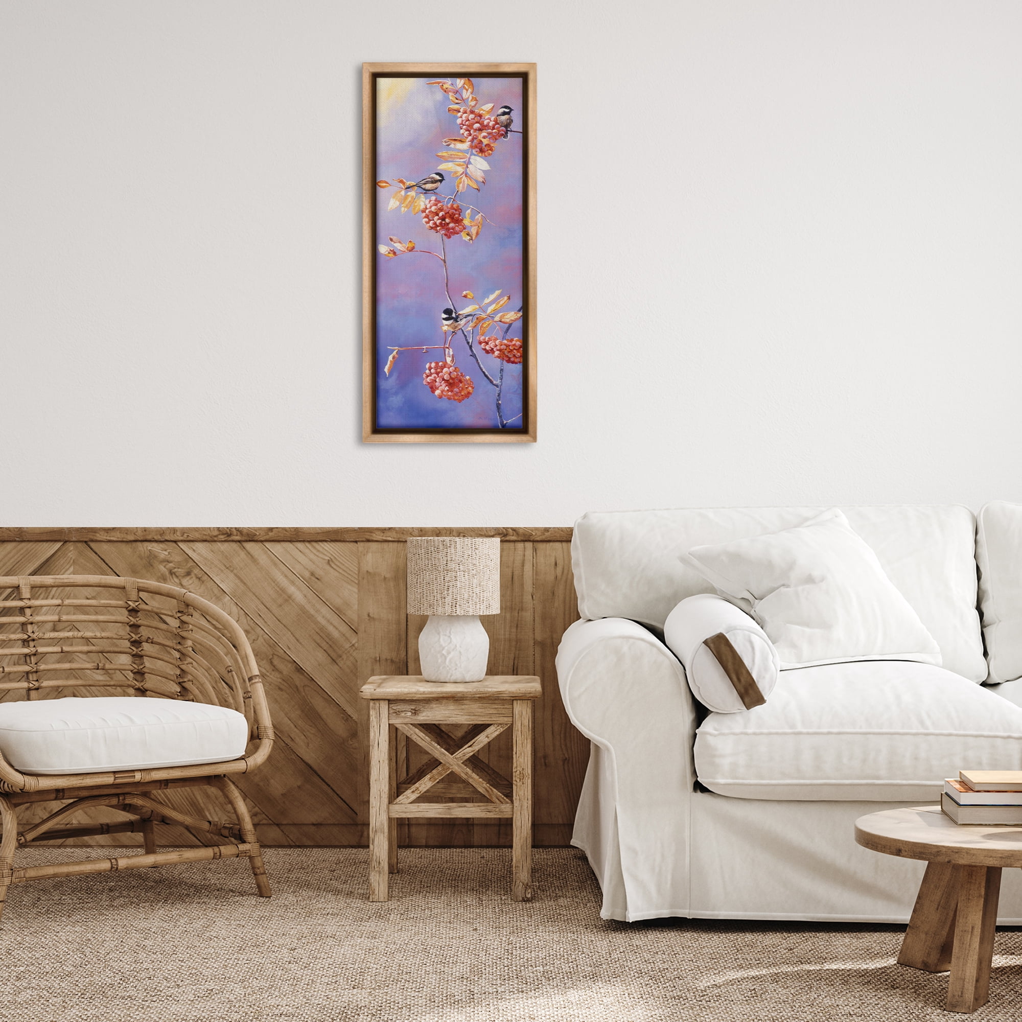 Stupell Industries Chickadees & Mountain Ash Plants & Flowers Painting Brown Floater Framed Canvas Art Print Wall Art, 14 x 31