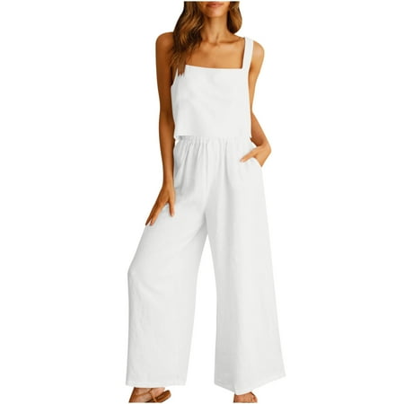 

YanHoo Women s 2 Piece Baggy Suits Linen Teen Girls Sleeveless Square Neck Top with Elastic Waist Pants Petite Lady Summer Casual Loose Pockets Outfits