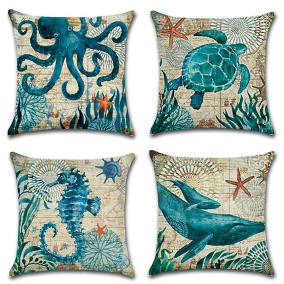 SPRING PARK Octopus Sea Turtle Whale Sea Horse Ocean Theme Mediterranean Style Cotton Linen Home Decorative Throw Pillow Case Cushion Cover