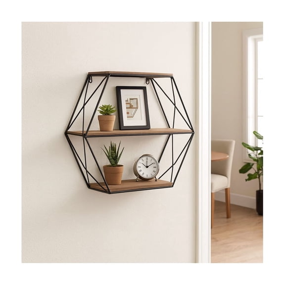 Modern Hexagon Wall Mounted with Wood and Metal Frame for Living Room - Contemporary Hanging Storage Organizer for Home Decor - Elegant Wall Shelf for House Decorations or Books - 21", Brown & Black