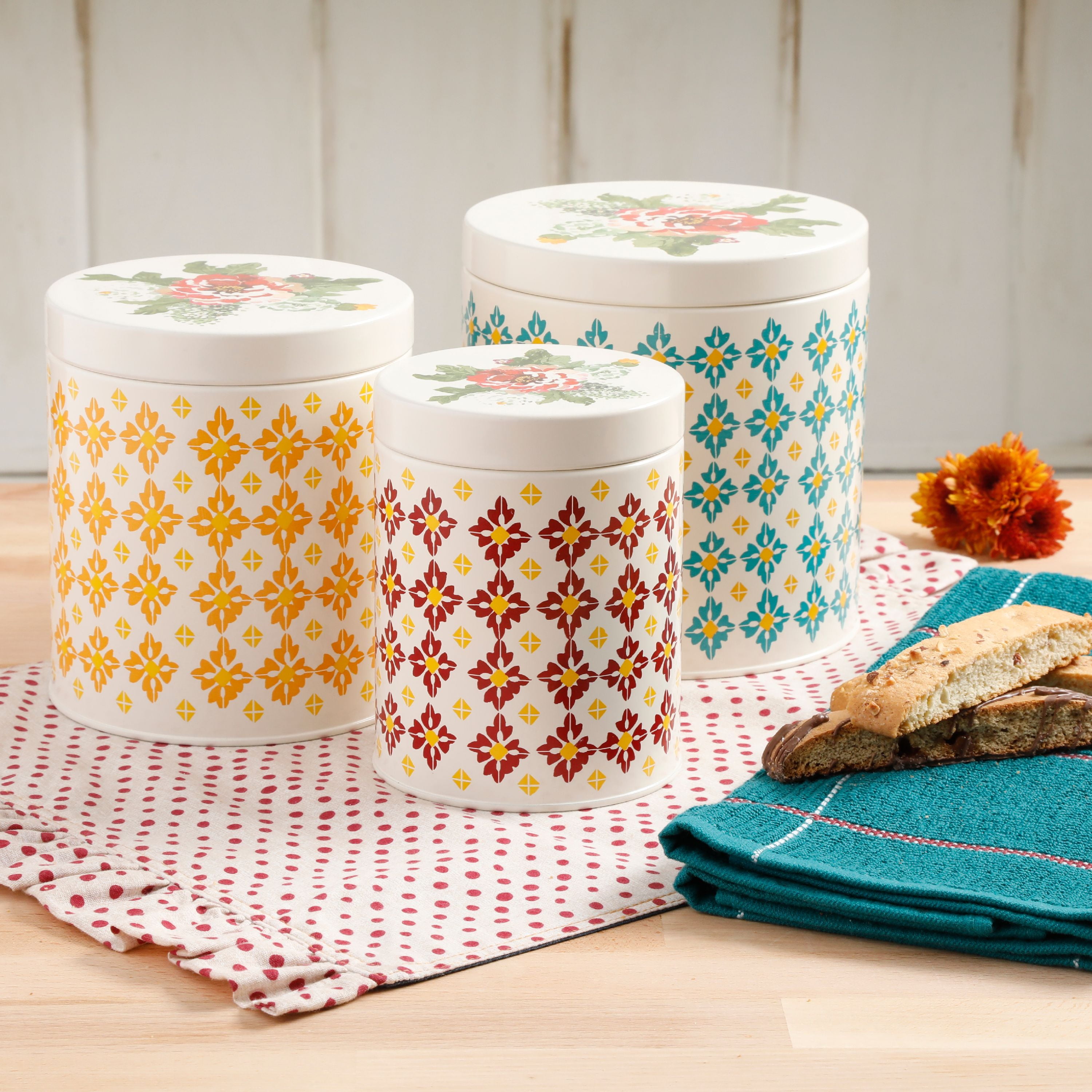 Pioneer Woman 3 Pc Country Garden Meadow Metal Kitchen Canister Set  Cottagecore
