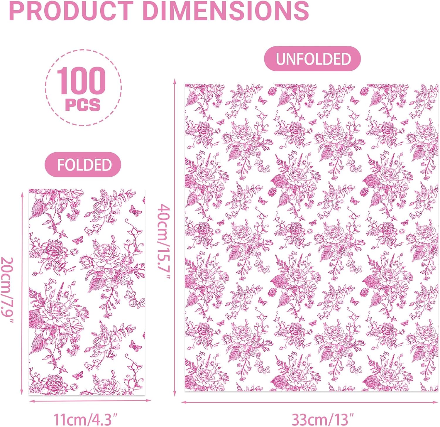 100 PCS Pink Napkins Disposable, Pink Wildflower Paper Napkins 3 Ply Paper Towels Home Party Guest Bathroom Chinoiserie Napkin Bridal Shower Wedding, Decorative Napkins