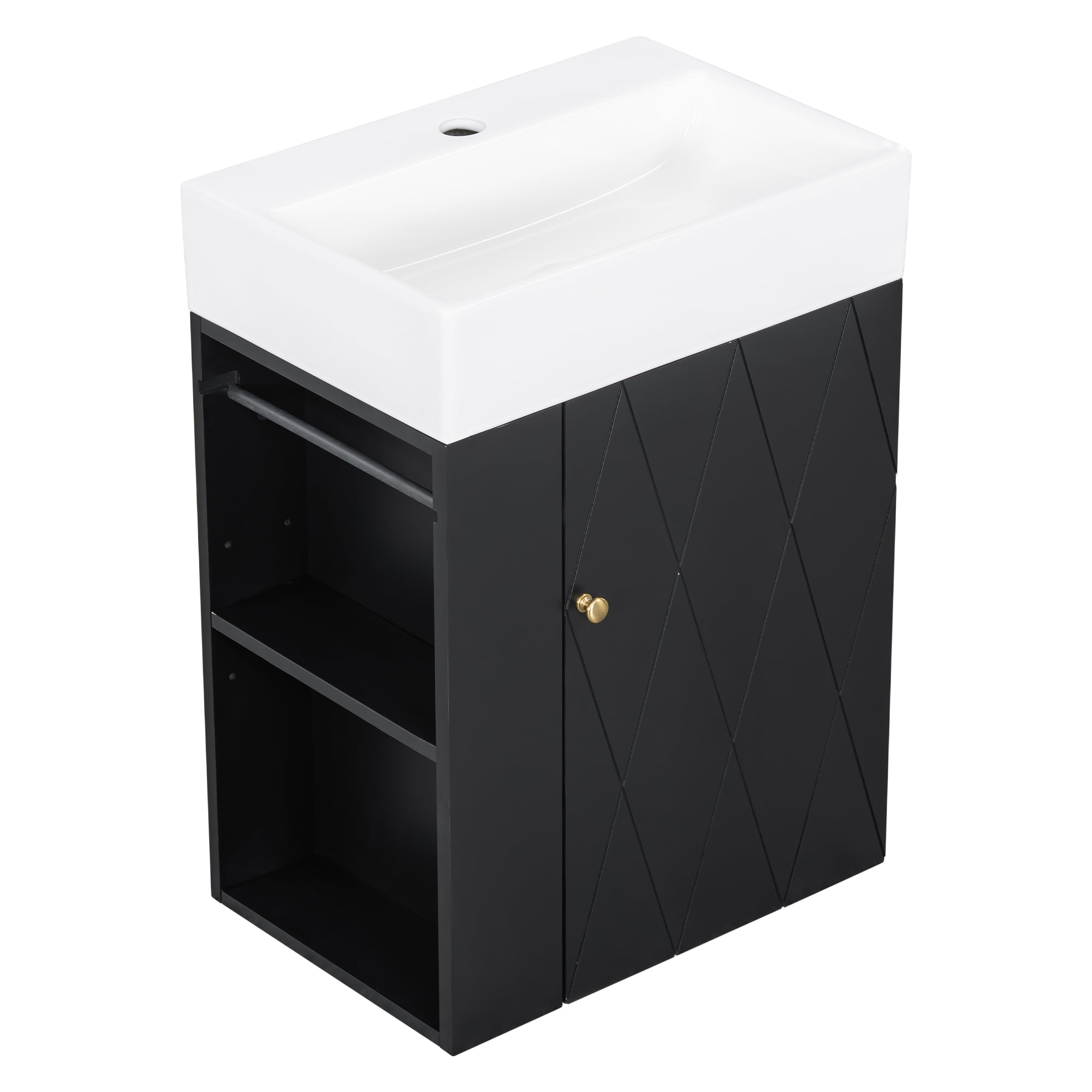 20 Inch Bathroom Vanity with Ceramic Sink, Diamond Pattern Door Design, Gold Handle & Side Storage Shelves – Modern Small Space Cabinet with Towel Bar, MDF Construction