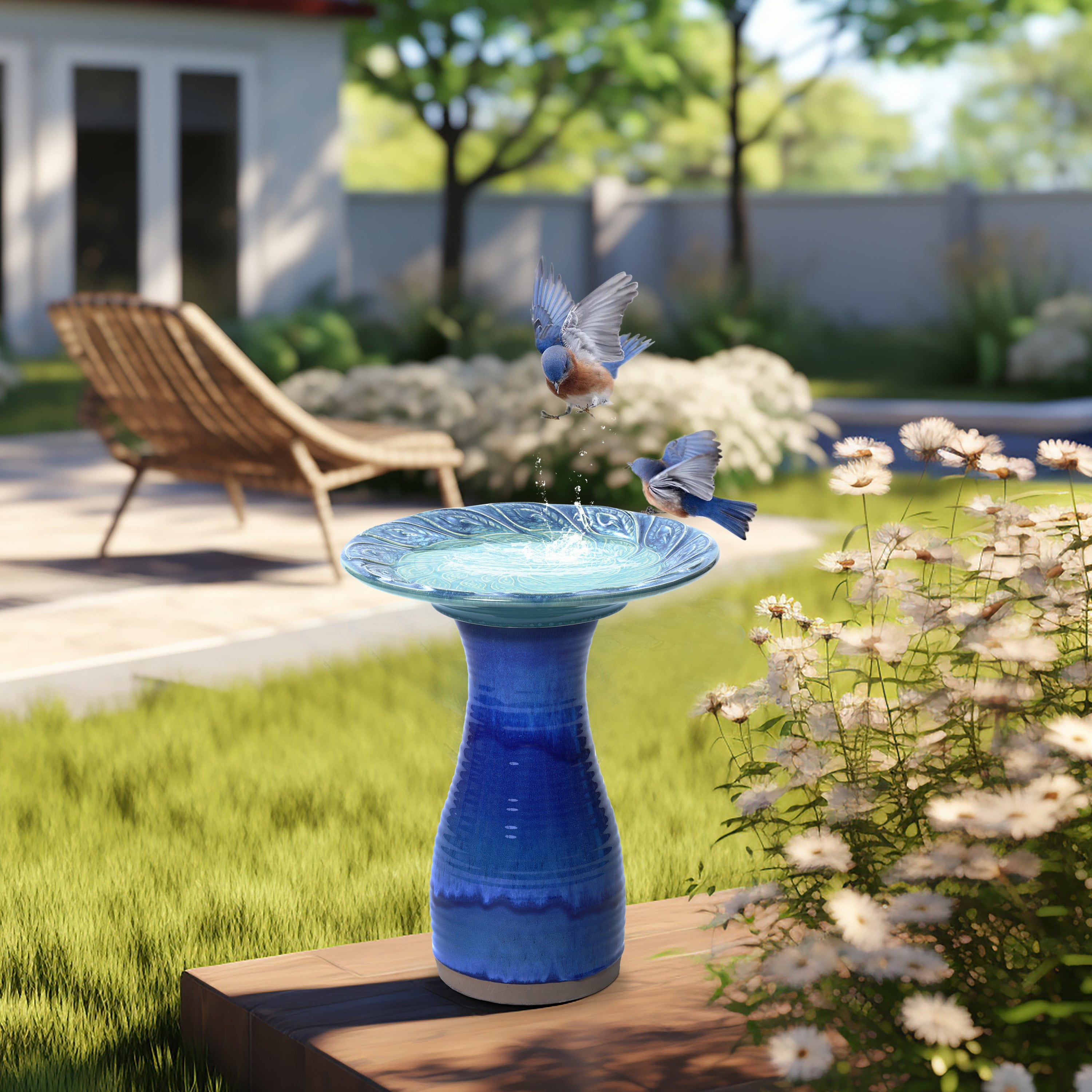 LuxenHome 20 Inch Ceramic Bird Bath for Outside, Elegant Tall Outdoor Bird Bath with Leaf Pattern