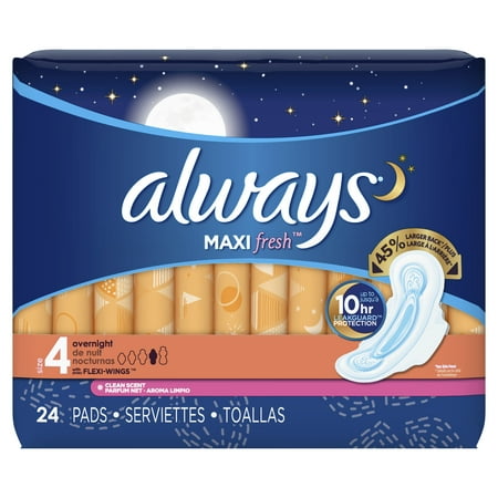 Always Maxi, Size 4, Overnight Pads With Wings, Scented, 24 Count