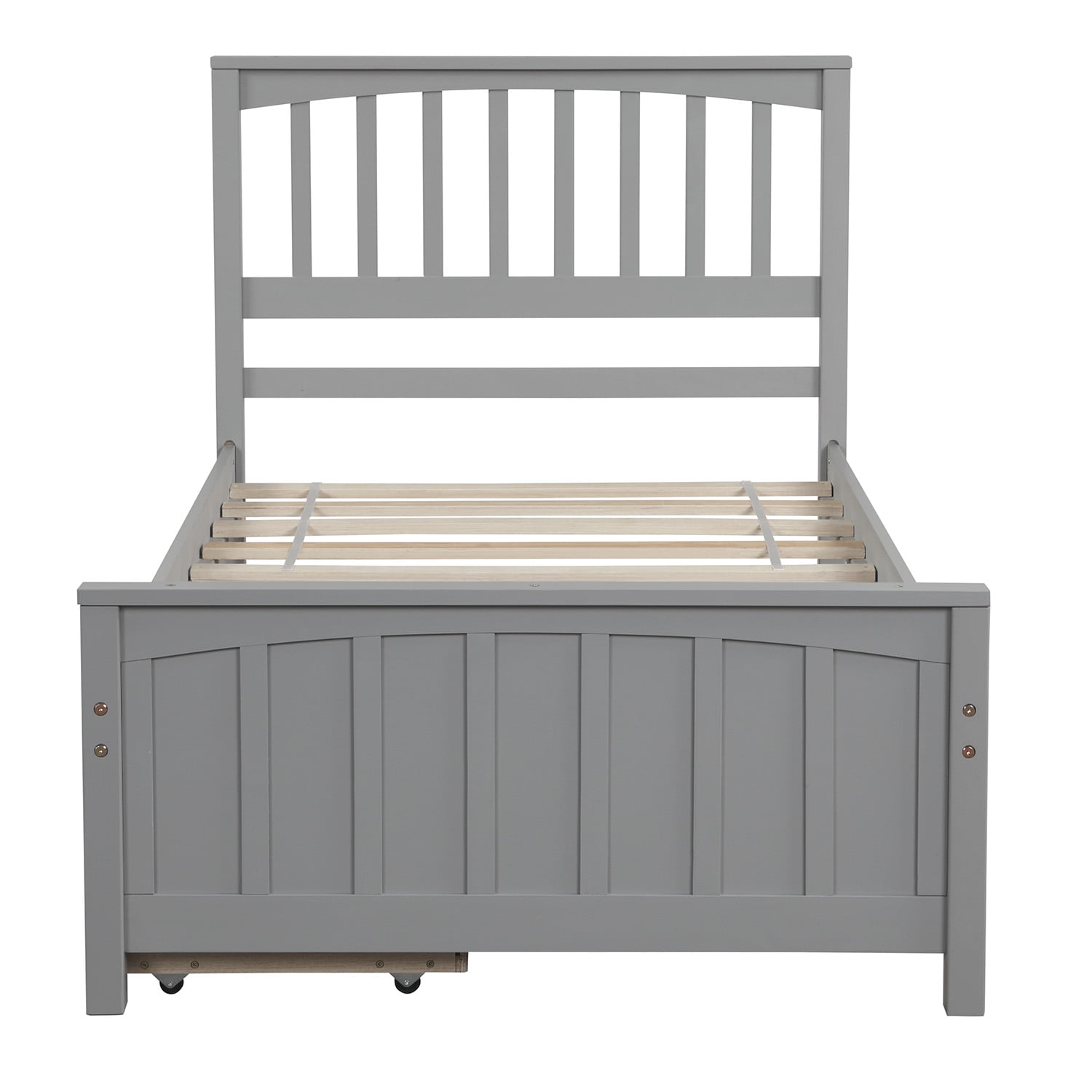 Mintazer Twin Size Platform Bed Frame with 2 Large Rolling Storage Drawers, Vertical Slatted Headboard & Panel Footboard for Kids Teens Adults Bedroom, No Box Spring Needed, Gray
