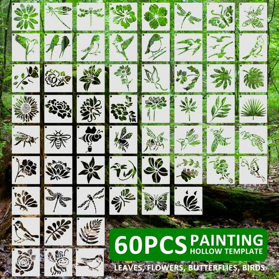 60 pcs Flower Painting Stencils Reusable Flower Stencils for Painting on Wood Rocks Canvas Fabric Glass Pottery 3x3 Inch