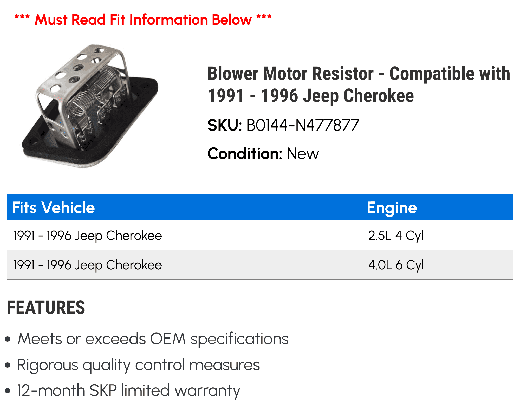 Blower Motor Resistor - Compatible with 1991 - 1996 Jeep Cherokee 1992 1993 1994 1995
