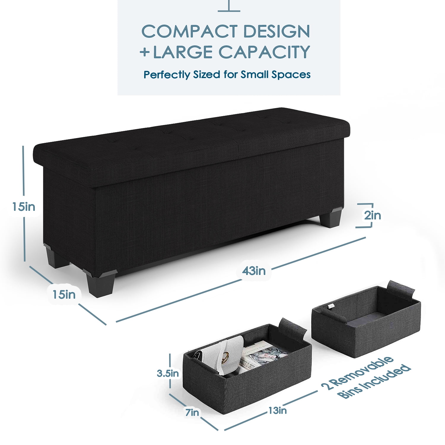 StorageBud Ottoman with Storage Bench, 43-inch Storage Ottoman, Linen, White