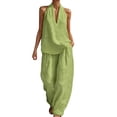 thumbnail image 2 of Cotton Linen 2 Piece Set, Vintage Minimalist Commuter Outfit Women's Linen Blend Outfit Solid Color Linen Cotton Set Beach Vacation Wear Sleeveless Cotton L, Green S, 2 of 6