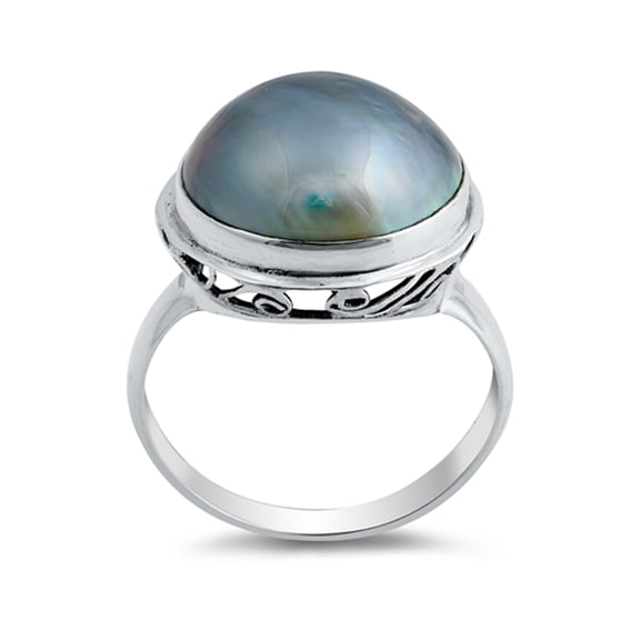 Freshwater Simulated Pearl Round Oxidized Swirl Ring .925 Sterling Silver Band Jewelry Female Size 7