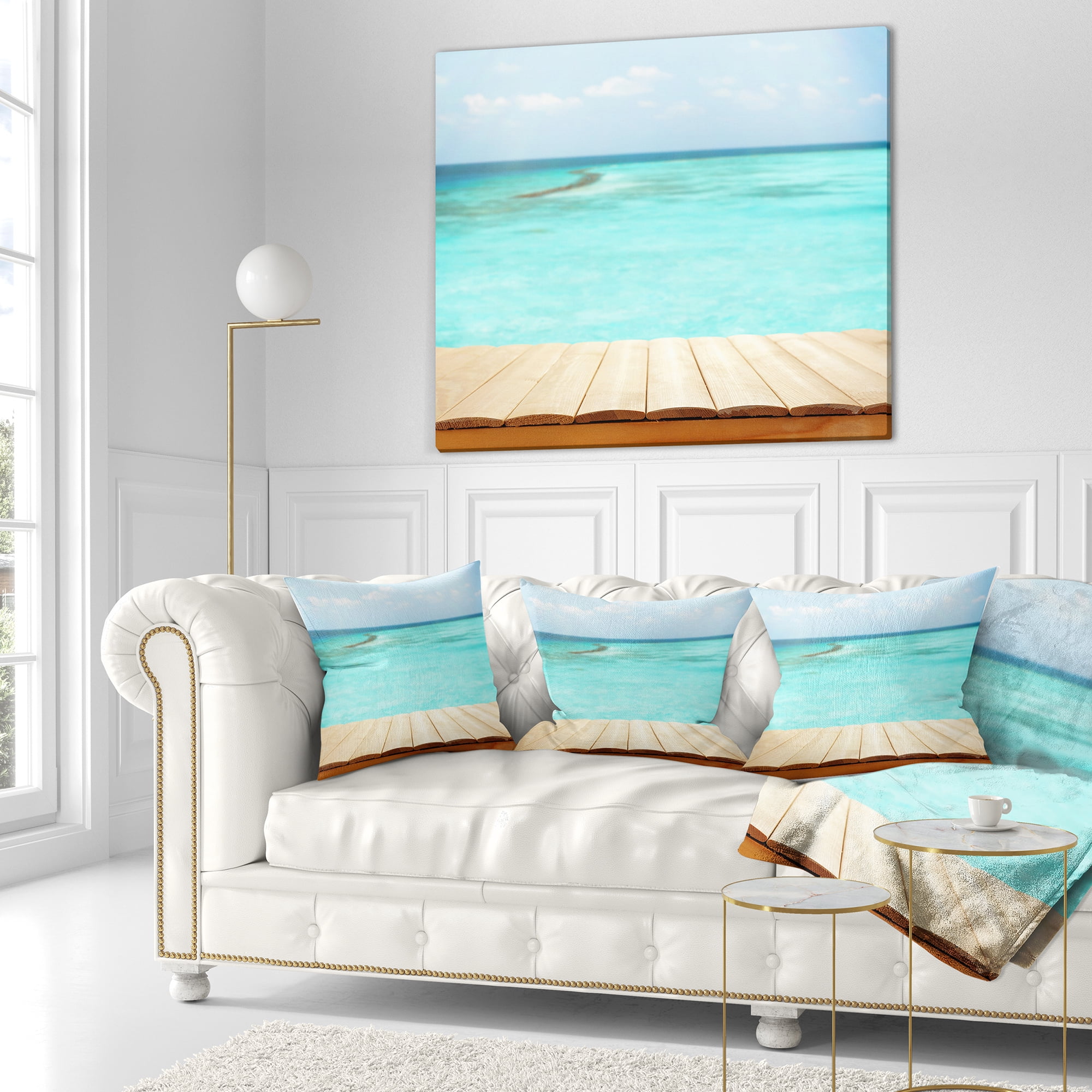 Designart Wooden Planks on Sea Background - Seascape Throw Pillow - 16x16