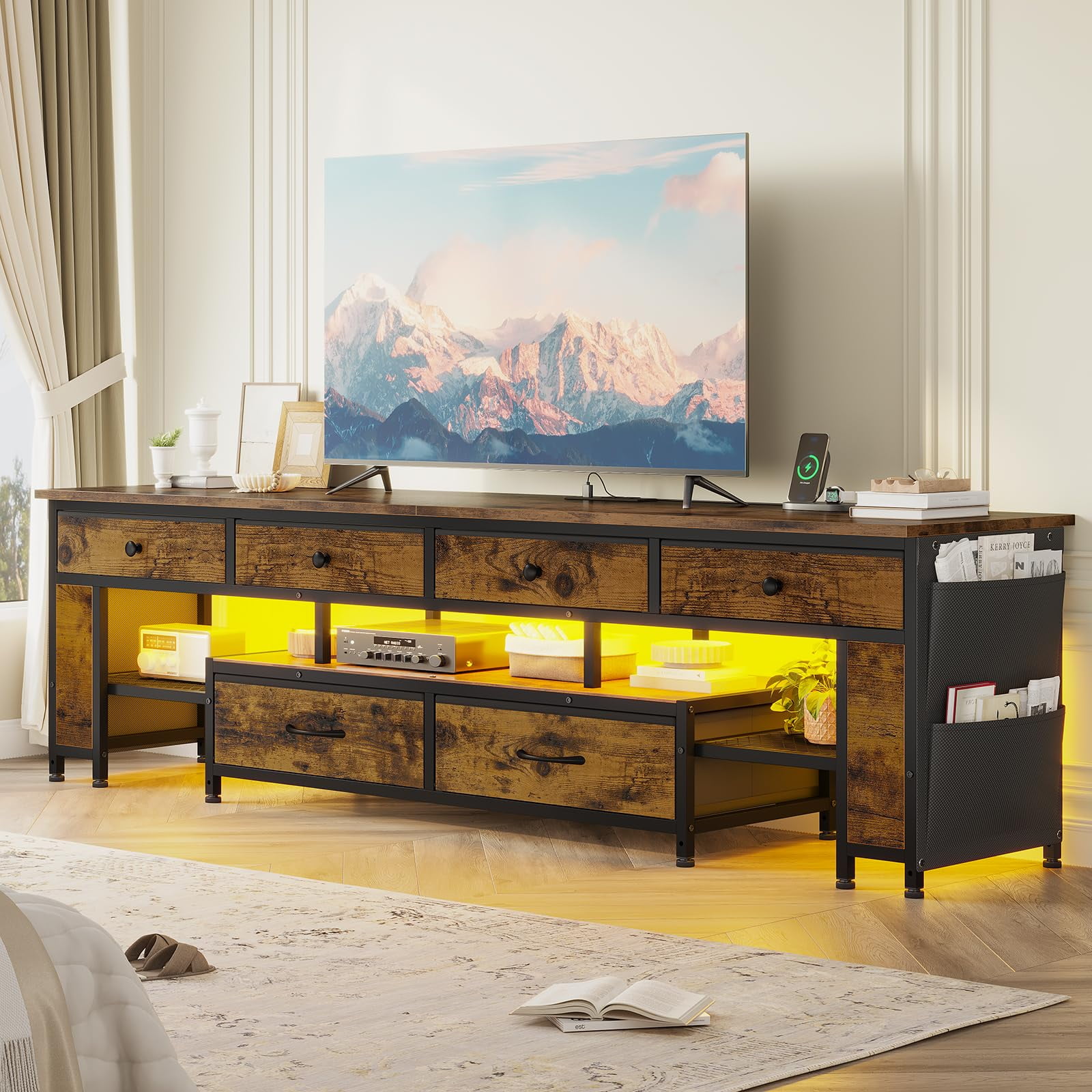 Afuhokles LED TV Stand for 65/70/75 Inch TV, Entertainment Center with Storage and Power Outlets, 6 Drawers, 4 Bags for Living Room, Bedroom, Brown