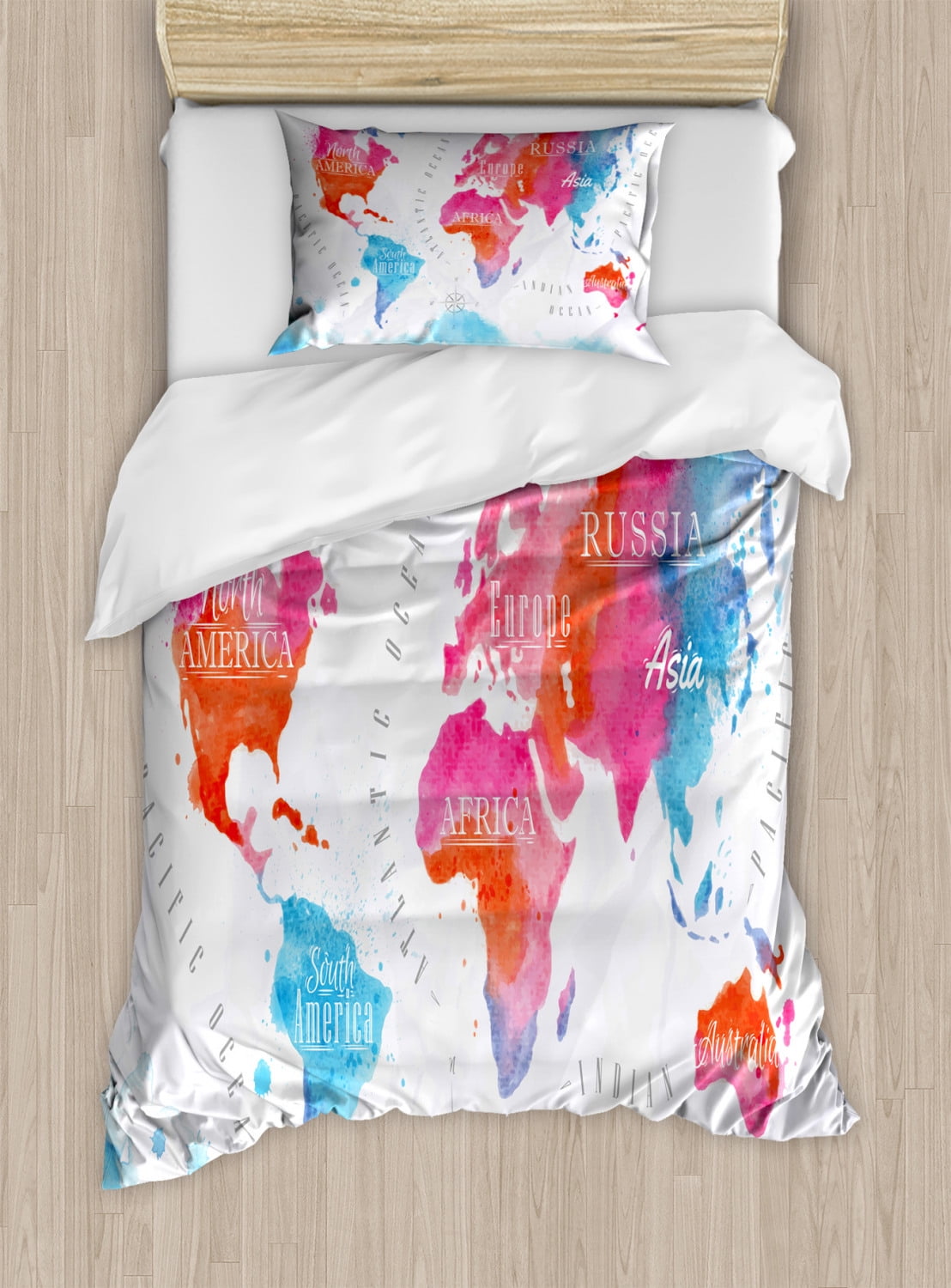 Geography Duvet Cover Set Twin Size, Watercolored World Map Continent