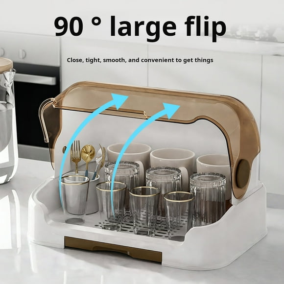 Xinwanna Baby Bottle Tableware Storage Box with Drain Tray 90° Large Transparent Bottle Drain Storage Case with 6 Brackets for Glass Cup Brown