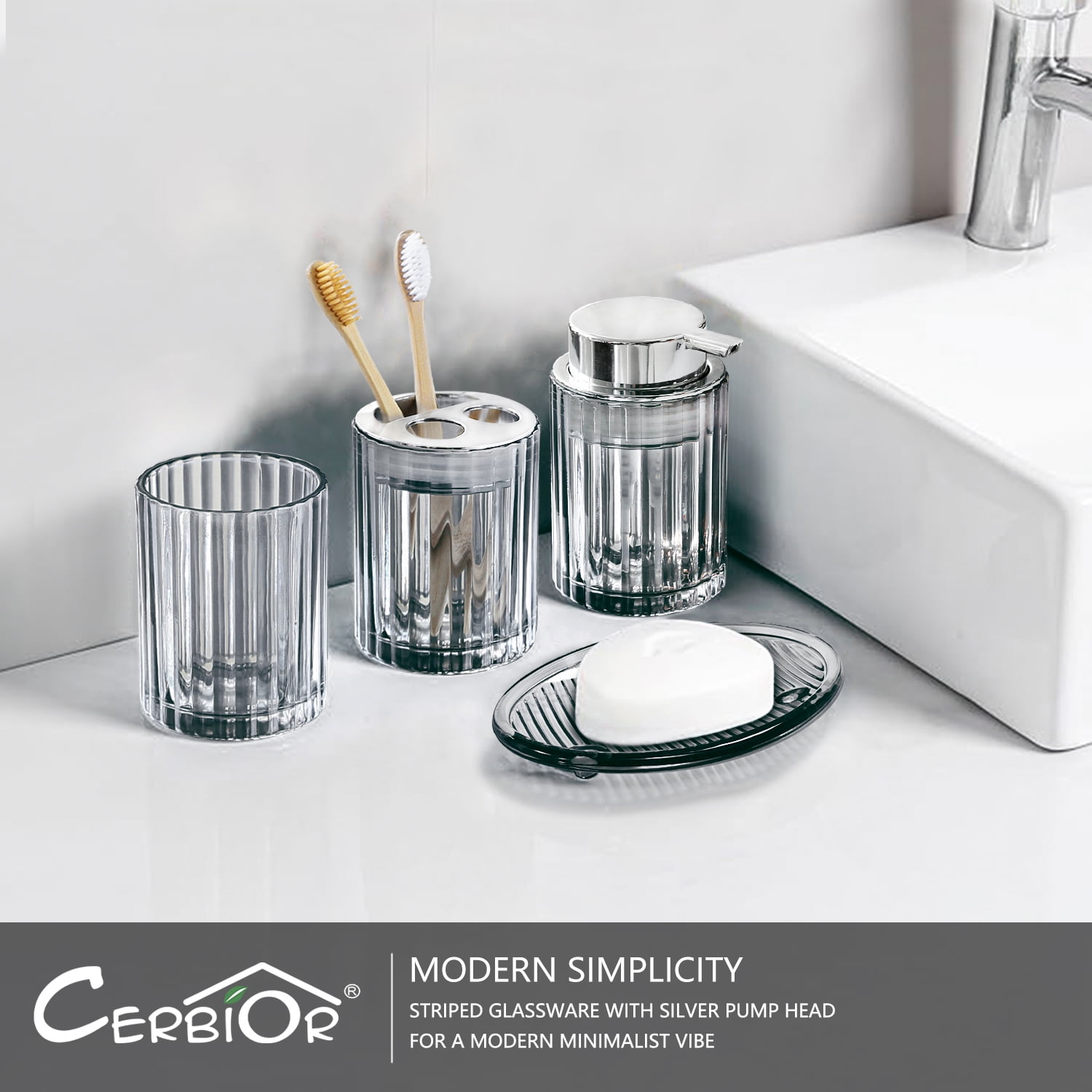 CERBIOR Bathroom Accessories Set, 4 Pcs Glass Bathroom Accessories Sets Complete w/Soap Dispenser, Soap Dish ,Toothbrush Holder,Tumbler, Bathroom Decor, Gift for Home Apartment, Silver Grey