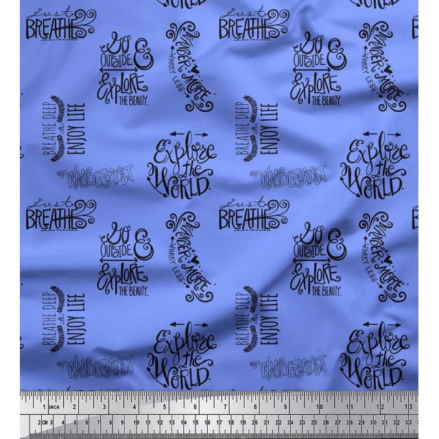 Soimoi Blue polyester Crepe Fabric Explore The World Text Decor Fabric Printed Yard 42 Inch Wide