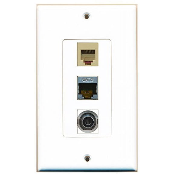 RiteAV - 1 Port Phone RJ11 RJ12 Beige and 1 Port Shielded Cat6 Ethernet and 1 Port 3.5mm Decorative Wall Plate Decorative