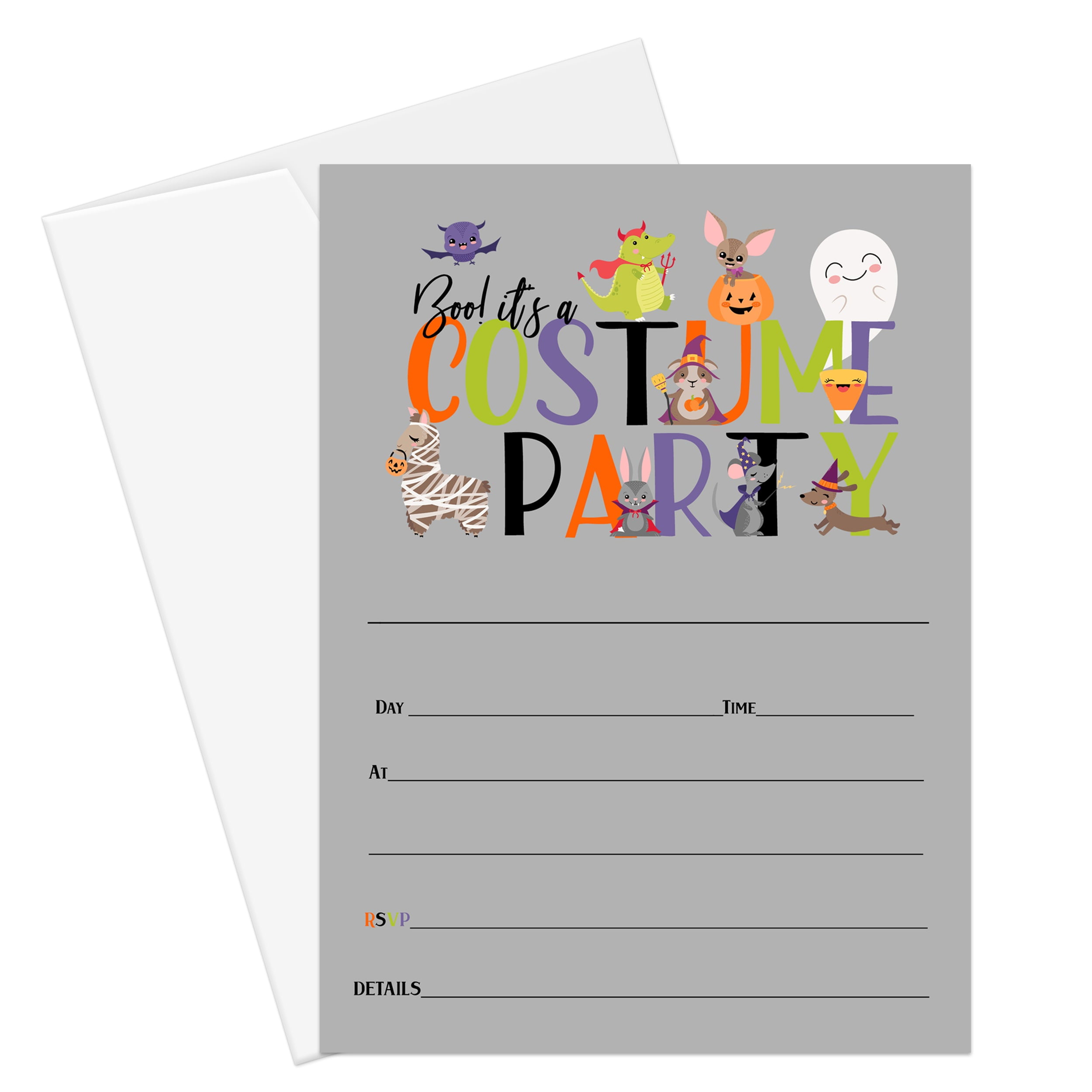 Costume Party Invitations with Envelopes Pack of 25 - Fill In Blank Halloween Invite - Cute Llama, Ghost, Witch, Pumpkin Design Events - Orange and ...