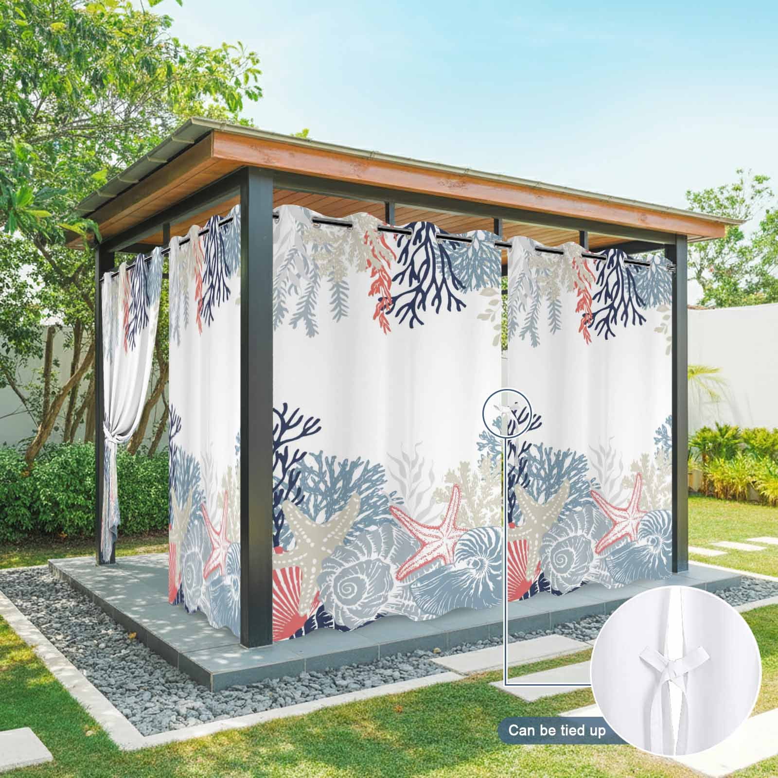 Summer Marine Life Outdoor Curtains for Patio, Ocean Corals Coastal Starfish Blue Conch Sunshade Privacy Drapes Grommet Waterproof Outside Curtains for Porch/Cabana/Balcony 54"x 108", 1 Panel