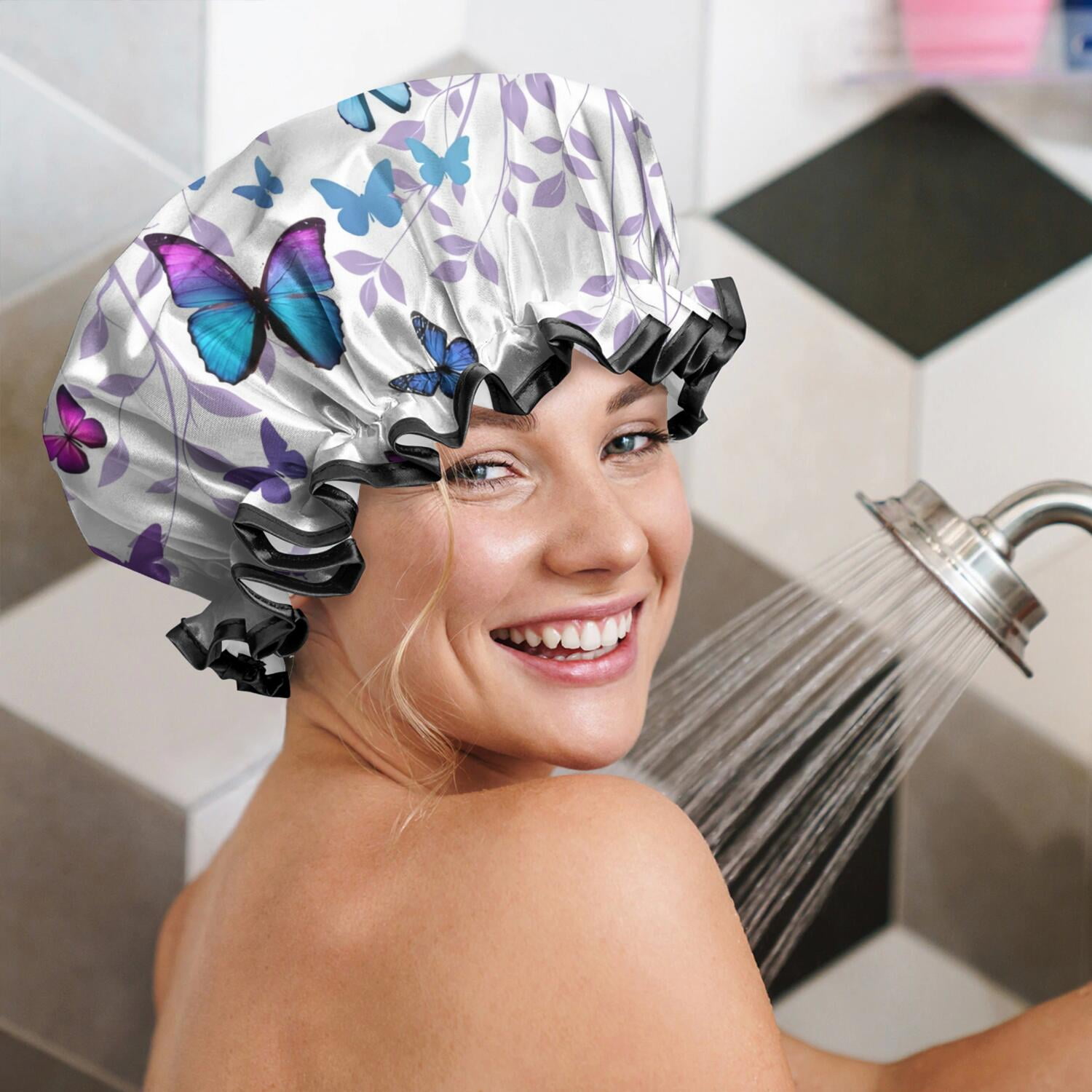 Shower Caps,Purple Leaf Butterfly Pattern Waterproof Shower Cap for Women 4 Pieces,Double Reusable Hair Cover for Shower PEVA Elastic Stretch Hem