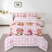 Homewish Kawaii Pink Cowgirl Bedding Comforter Set for Kids, Dreamy Cherry Blossoms Twin Comforter Sets, Cartoon Buffalo Reversible Bedding Set, Lightweight Room Decor, 2-Piece