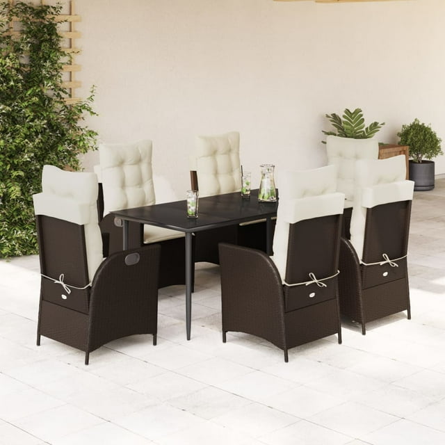 vidaXL 7 Piece Garden Dining Set with Cushions Brown Poly Rattan