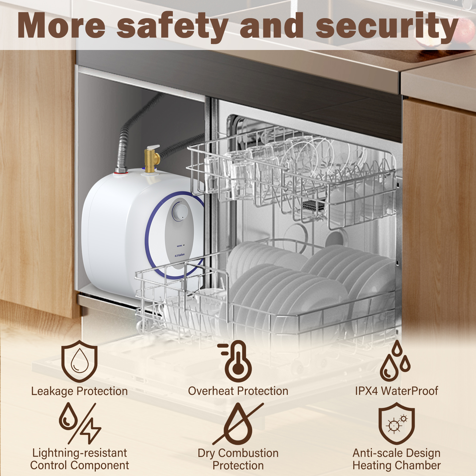 Mini Tank Water Heater Electric, 4 Gallon Point of Use Instant Hot Water for Under Sink, Food Truck, Kitchen, RVs, Wall or Floor Mounted, 120V, 1440W