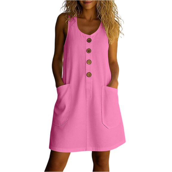 Womens Summer Dress Sleeveless Button Casual Sundresses with Pockets Loose Solid Tank Dresses, M
