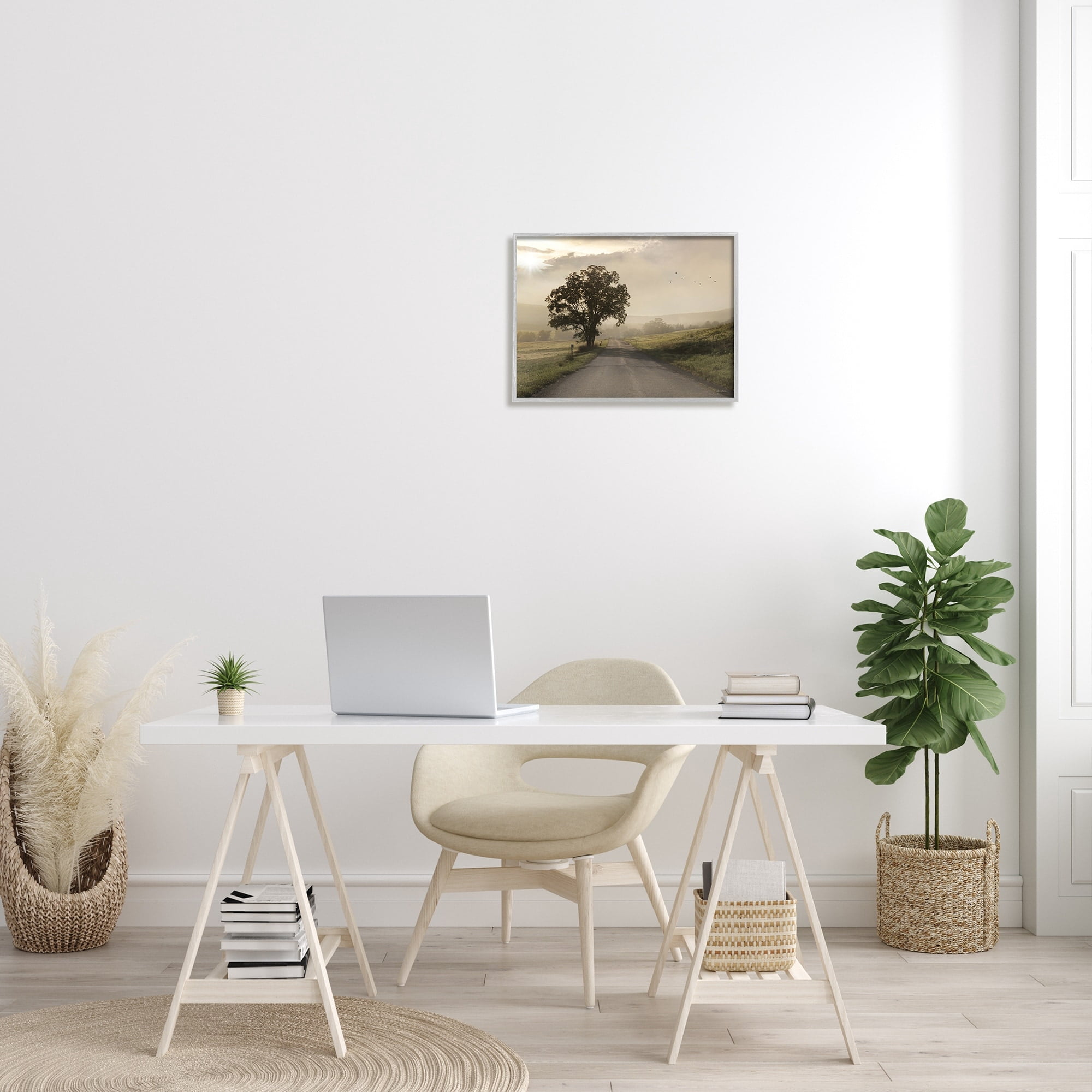 Stupell Industries Lone Tree Quiet Morning Road Rural Landscape Photograph Gray Framed Art Print Wall Art, Design by Lori Deiter