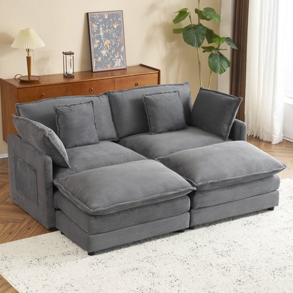 Euroco 75.6" Modern Sofa Modular Sofa Couch Upholstered Corduroy L-Shape Sectional Sofa with Side Storage Pockets for Living Room