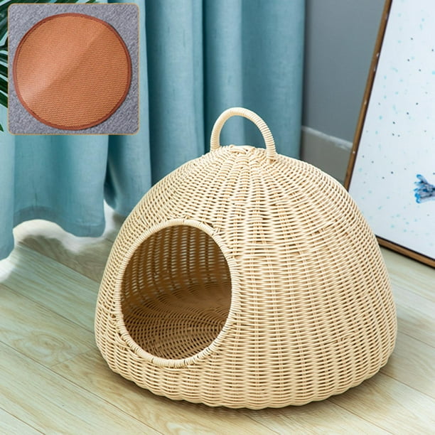 Cama de gato de ratán de imitación Cueva Casa de gato Cabaña de gatos de interior con cojín extraíble Cama de mascota Condominio de gato para animales Beige con 1 Mat
