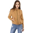 thumbnail image 2 of Chaqueta corta de motociclista con cuello alto Piel sintética asimétrica con cremallera frontal para mujer Kahki M, 2 of 6