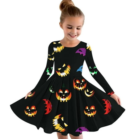 

Clearance Sale Dihao All Hallows Day Dresses for Toddler Girls Long Sleeve Stretchy Dress A Line Twirly Skater School Recital Dress Dance Dress