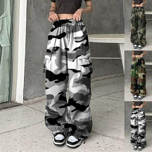 Camo Pants Women Streetwear Y2K Baggy Sweatpants Drawstring Hop Loose Wide Leg Trousers Black L