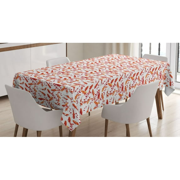 Fish Tablecloth, Japanese Traditional Aquatic Creatures with Leaves Branches Ornament Abstract Image, Rectangle Satin Table Cover for Dining Room and Kitchen, 60" X 84", Orange White, by Ambesonne