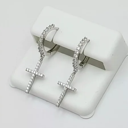 Round Cut Cubic Zirconia Diamond Cross Hoop Unisex Earrings, 14K White Gold Plated Sterling Silver