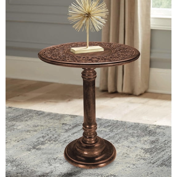 Hand-Carved Wooden End Table with Burnt Finish, 18 x 22 inch Side Table for Living Room & Bedroom Nightstand