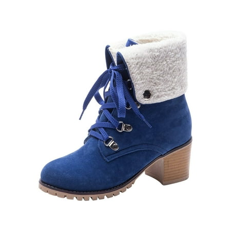 

Rdeuod Winter Boots for Women Shoes Solid Color Casual Fashion Square High Heels Wear-Resistant Lace-Up Pointed Warm Thick Fleece Suede Snow Ankle Boots